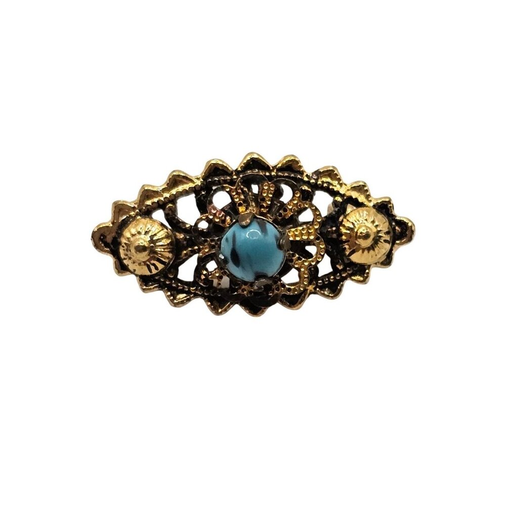 Vtg 1" Brooch Gold Tone Pin Blue Stone Filigree Victorian‎ Retro GrandmaCore